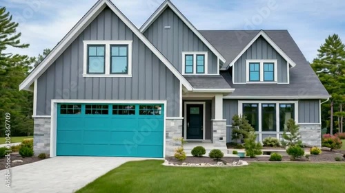 A two-story house with a gray facade and turquoise garage door is presented.