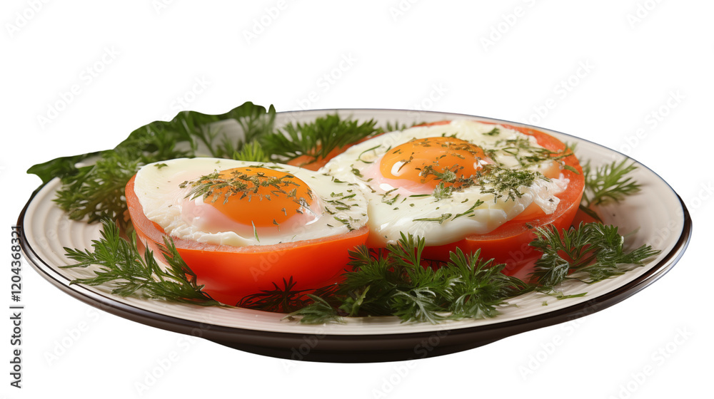 A hearty plate of sunny-side-up eggs served with fresh tomatoes and herbs, studio view, isolated on transparent background. A hearty plate of sunny-side-up eggs served with fresh tomatoes and herbs, studio view, isolated on transparent background.