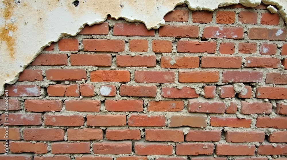 Obraz premium Close-Up of Weathered Red Brick Wall with Exposed Plaster Edge