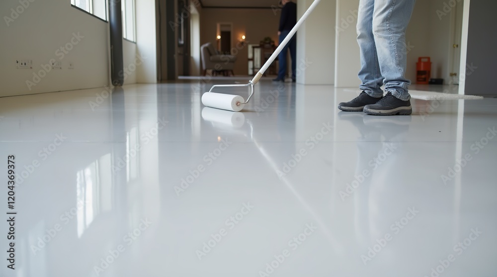 Obraz premium Worker Applying Glossy Epoxy Coating on a Concrete Floor with a Roller