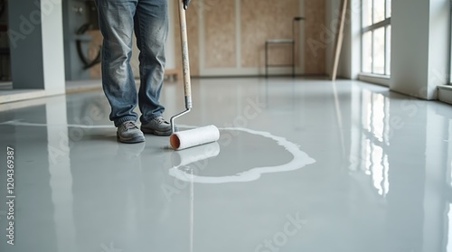 Worker Applying Smooth Epoxy Resin Coating on Concrete Floor Surface