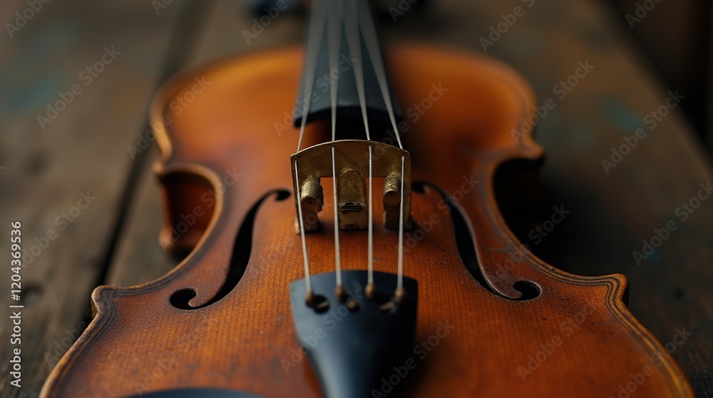 Close-Up View of a Beautifully Aged Classical Wooden Violin on a Table Close-Up View of a Beautifully Aged Classical Wooden Violin on a Table