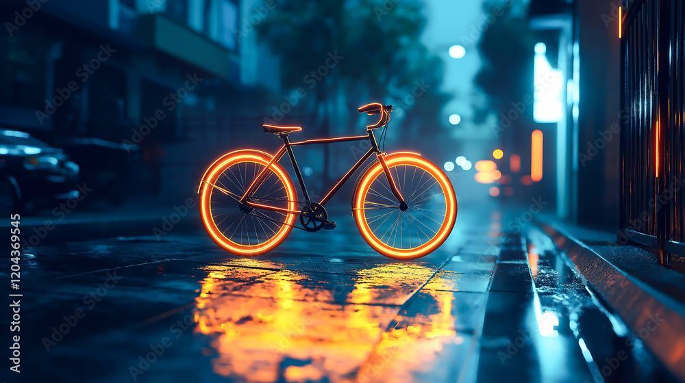 A glowing light bicycle on the street at modern city in night time A glowing light bicycle on the street at modern city in night time