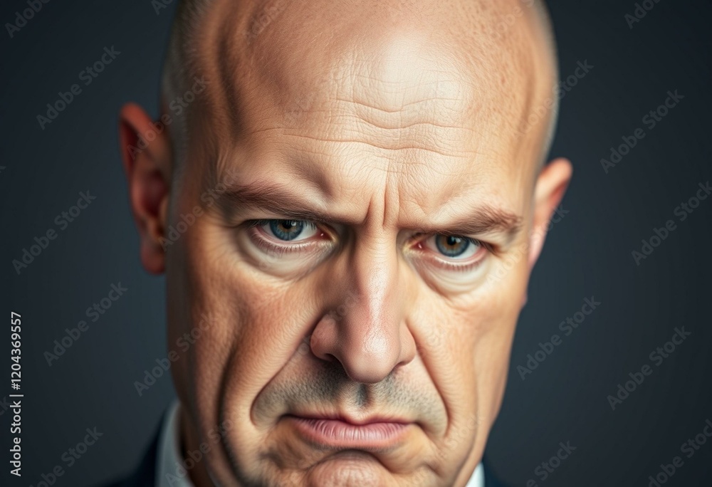 Bald man with stern expression, looking down with disappointment Bald man with stern expression, looking down with disappointment