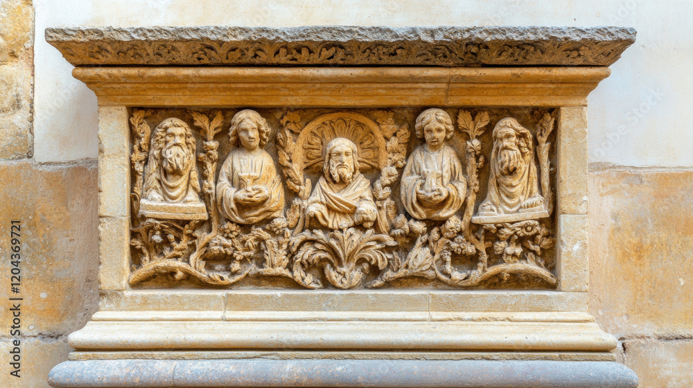 Fototapeta premium Gothic architecture, A detailed close-up image of a Gothic choir screen, highlighting intricate architectural features and artistic craftsmanship.