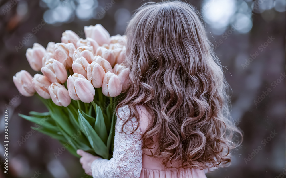 Naklejka premium A young girl holding a bouquet of pink flowers. The flowers are in a field and the girl is standing in the middle of the field. The scene is peaceful and serene, the girl is surrounded by nature. Clos