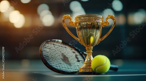 A golden trophy cup with a tennis ball and racket photo