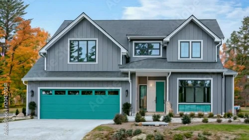 A two-story house with a gray facade and turquoise garage door is presented.