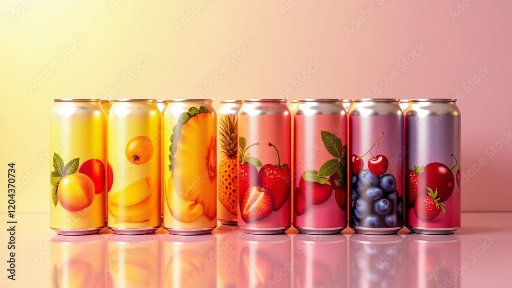 Fruit cans arranged in rainbow order against a shiny reflective background. The vibrant labels and glossy metal surfaces create a fresh, colorful display, showcasing the variety of fruits. Fruit cans arranged in rainbow order against a shiny reflective background. The vibrant labels and glossy metal surfaces create a fresh, colorful display, showcasing the variety of fruits.