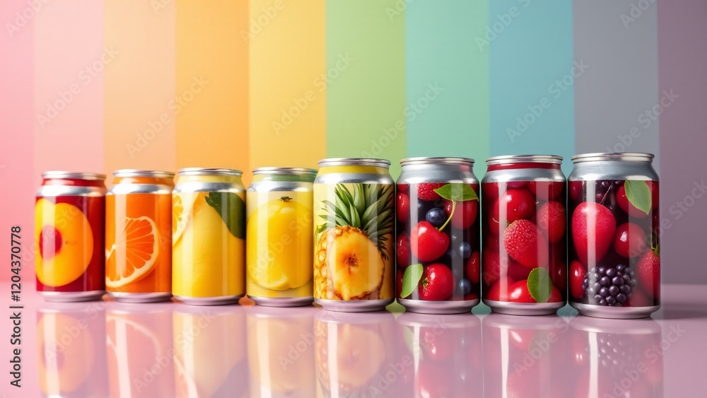 Fototapeta premium Fruit cans arranged in rainbow order against a shiny reflective background. The vibrant labels and glossy metal surfaces create a fresh, colorful display, showcasing the variety of fruits.