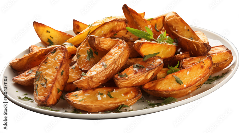 Freshly baked potato wedges arranged on a platter, highlighting homemade cooking and comfort food, studio view, isolated on transparent background. Freshly baked potato wedges arranged on a platter, highlighting homemade cooking and comfort food, studio view, isolated on transparent background.