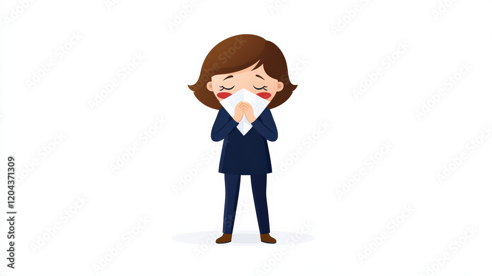 Woman sneezing while wearing a suit in a minimalist design style during a seasonal change Woman sneezing while wearing a suit in a minimalist design style during a seasonal change