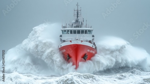 Red ship battling huge ocean waves.