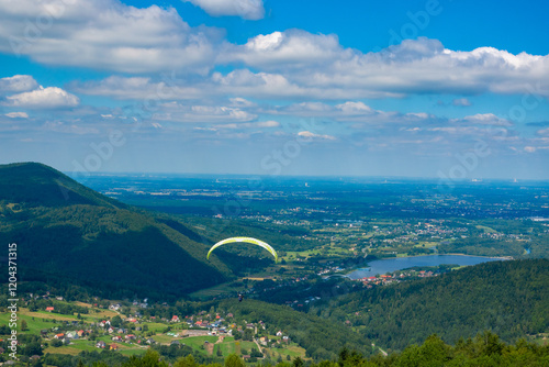 Fototapeta Naklejka Na Ścianę i Meble -  Paragliders on Zar mountain of Beskid. Poland