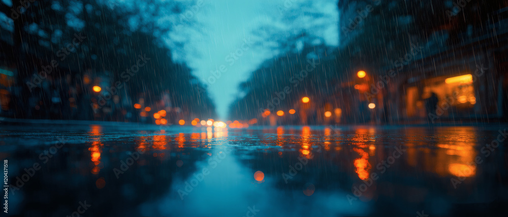 Fototapeta premium Vivid Reflection of City Lights on Rainy Evening Street Scene