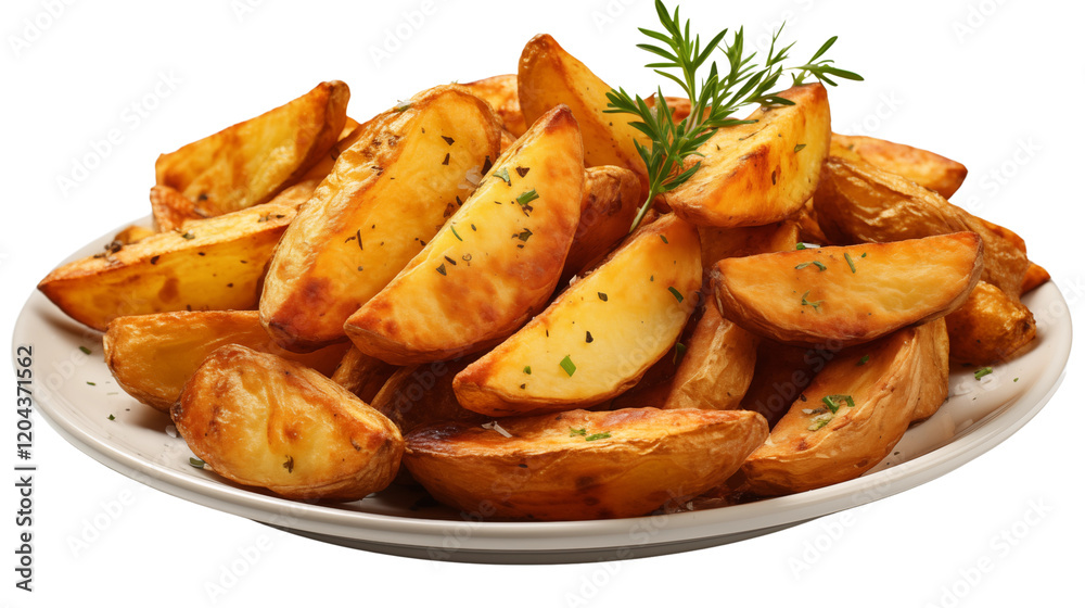 Golden potato wedges seasoned with herbs, perfect for comfort food and snack themes, studio view, isolated on transparent background. Golden potato wedges seasoned with herbs, perfect for comfort food and snack themes, studio view, isolated on transparent background.