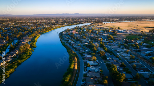 Stockton, California aerial photography: downtown, waterfront, cityscape, river, delta, bird's eye view, high-angle shot, drone photography