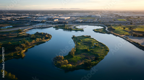 Stockton, California aerial photography: downtown, waterfront, cityscape, river, delta, bird's eye view, high-angle shot, drone photography
