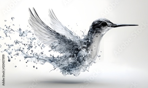 Water hummingbird in flight, abstract splash art.