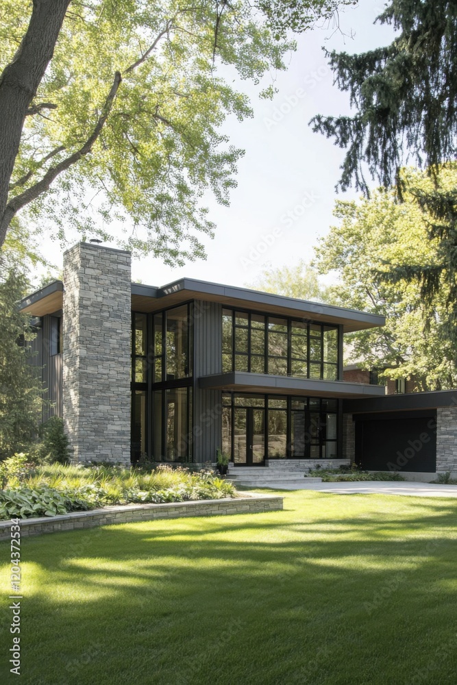 Modern architectural design featuring a spacious two-story house with stone accents and large glass windows surrounded by lush greenery during daylight Modern architectural design featuring a spacious two-story house with stone accents and large glass windows surrounded by lush greenery during daylight