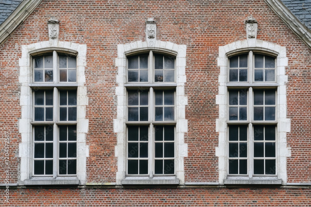 Naklejka premium Historic brick building exterior with three large windows showcasing classic architecture in a serene urban setting during the day