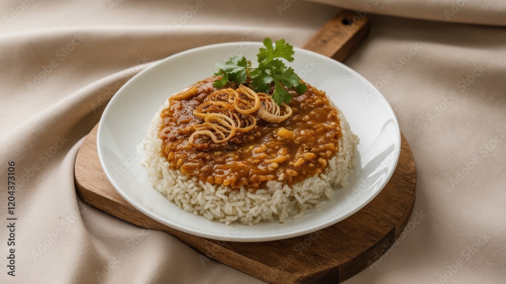 Delicious lentil stew served with fluffy white rice, garnished with fried onions and fresh parsley. A wholesome and flavorful meal, perfect for a comforting dinner. Delicious lentil stew served with fluffy white rice, garnished with fried onions and fresh parsley. A wholesome and flavorful meal, perfect for a comforting dinner.
