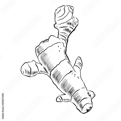 Fresh ginger root. Ink sketch on white background. Hand drawn vector illustration. Retro style. For menu, cafe, food books, blog, web