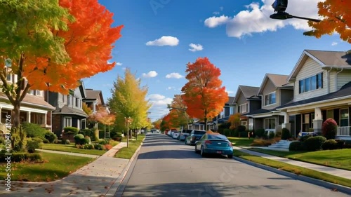 An outdoor suburban street view, lined with houses and fall trees. photo