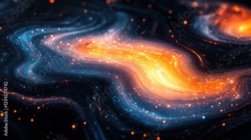 Vibrant cosmic swirl of orange and blue galaxies with sparkling stars in a dark space background