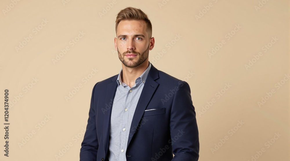 Portrait of a Stylish Young Businessman in a Navy Blazer and Light Shirt on a Beige Background Portrait of a Stylish Young Businessman in a Navy Blazer and Light Shirt on a Beige Background