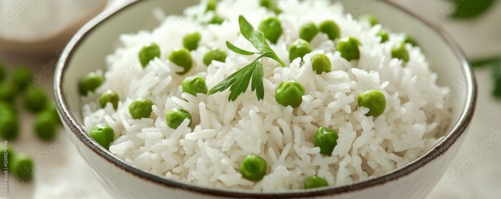 Generous serving vegetarian rice and peas, presented on a light background to highlight its healthy ingredients Generous serving vegetarian rice and peas, presented on a light background to highlight its healthy ingredients
