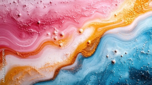 Abstract fluid art featuring vibrant pink, orange, and blue swirls with bubbles, ideal for backgrounds