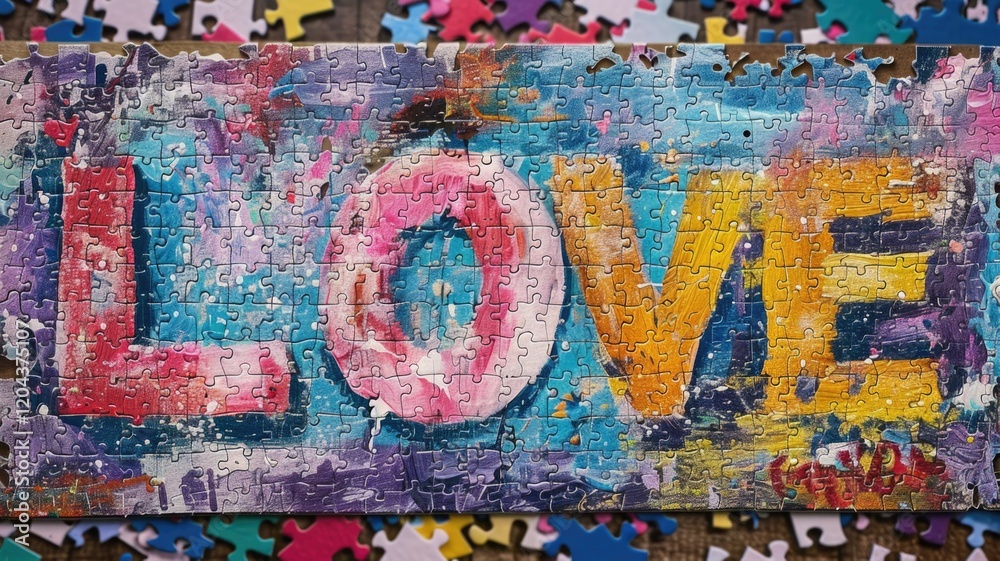 Fototapeta premium Colorful love puzzle with abstract graffiti style art for creative decoration