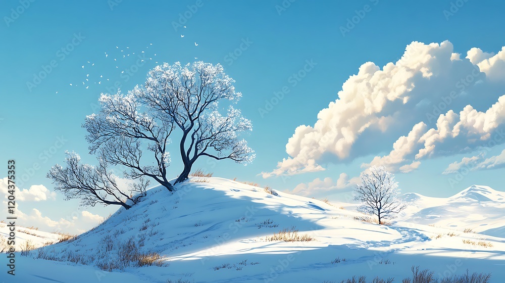 Snowy landscape with frost-covered trees under a bright blue sky. Snowy landscape with frost-covered trees under a bright blue sky.