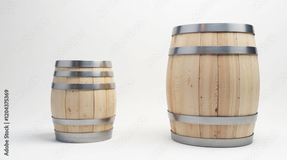 Wooden Barrels of Varying Sizes on a Plain Background, Ideal for Rustic Designs and Storage Concepts Wooden Barrels of Varying Sizes on a Plain Background, Ideal for Rustic Designs and Storage Concepts