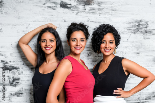 Three latina women smiling and posing together for women's day