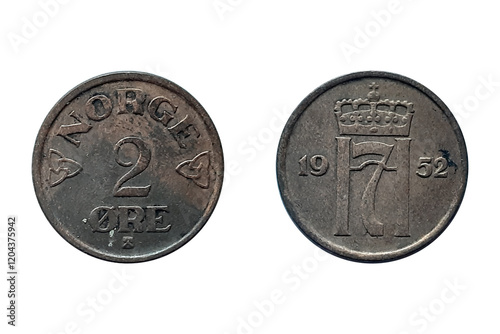 2 ore 1952 Haakon VII. Norway coin. 2 ore 1952 Obverse and Reverse coin on white background photo