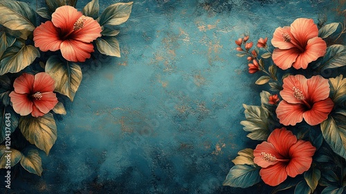 Vibrant Hibiscus Flowers Framing a Textured Blue Background, Ideal for Tropical-Themed Designs
