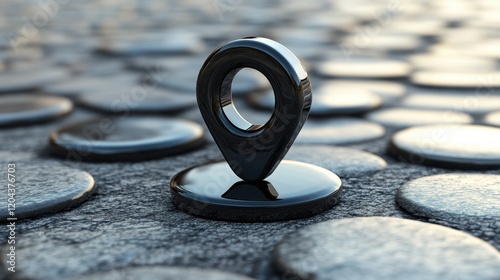 Glossy Black Location Pin on Cobblestone Surface: A 3D Rendered Image Representing Navigation, GPS, and Global Positioning photo