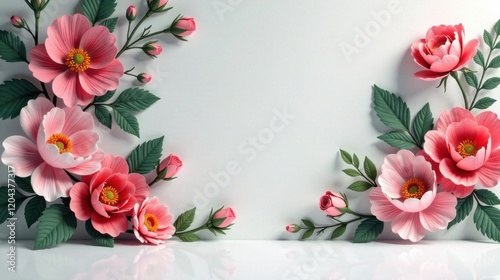 Wallpaper Mural Elegant Pink Floral Arrangement with Delicate Paper Flowers and Lush Green Foliage on a White Background Torontodigital.ca