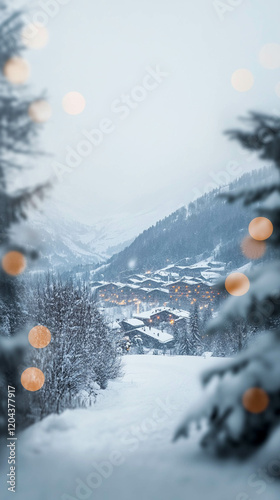 Blurred ski resort in vertical format