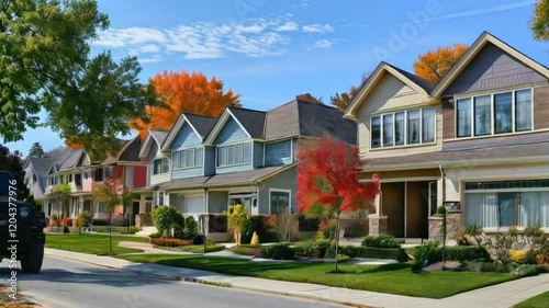 An outdoor suburban street view, lined with houses and fall trees.