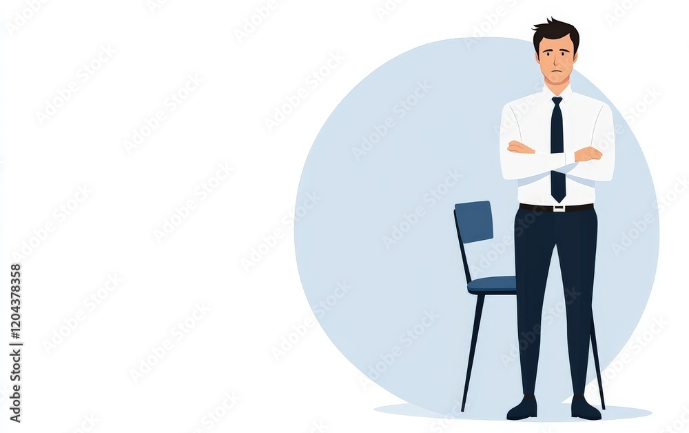 Businessman standing confidently beside a chair, symbolizing authority, workplace dynamics, and professional poise in a corporate themed vector illustration Businessman standing confidently beside a chair, symbolizing authority, workplace dynamics, and professional poise in a corporate themed vector illustration