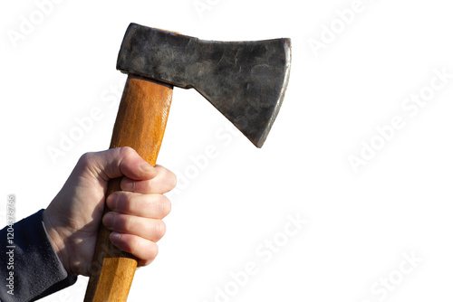 An axe in the hands of a man. A tool for chopping, isolated on white background. Harvesting firewood. photo