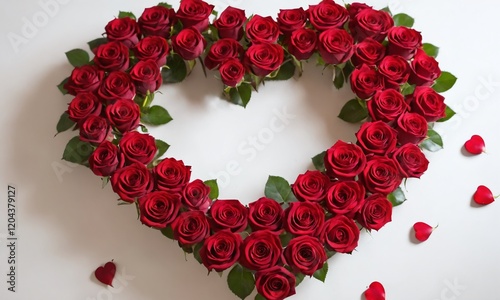 Heart-shaped arrangement of red roses with decorative petals for a romantic setting. Valentine’s Day, date, engagement, love, wedding, background