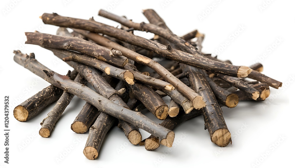 Close-up of a heap of basswood tree sticks, isolated on a clean white background, front view. Close-up of a heap of basswood tree sticks, isolated on a clean white background, front view.