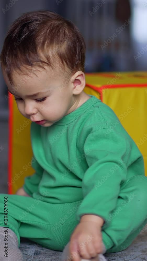 Baby boy sitting on the floor drops the bottle and distracts on toys. Lovely kid is playing with pyramid indoors. Vertical video Baby boy sitting on the floor drops the bottle and distracts on toys. Lovely kid is playing with pyramid indoors. Vertical video