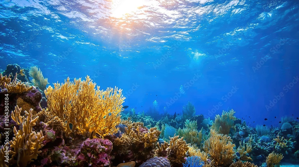 Naklejka premium Underwater coral reef scene, sunlit ocean, vibrant colors, diverse marine life, ideal for travel brochures