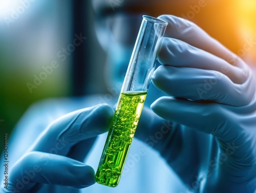 Laboratory glassware, vibrant green liquid, blue latex glove, scientific experiment, close-up, clean lab environment, chemistry research, neon colors, precision handling, test tube, fluorescent soluti photo