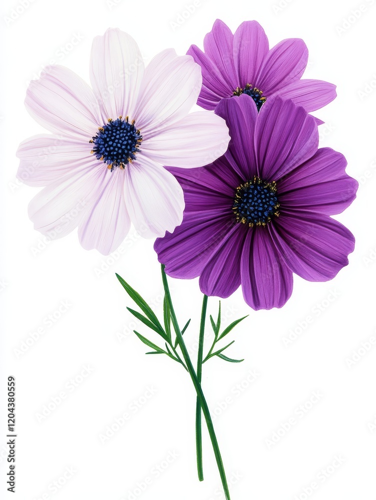 Elegant Purple and White Cosmos Flowers - A trio of cosmos flowers, one pale white and two vibrant purple, arranged on a white background. The image is ideal for floral designs, websites, and print m Elegant Purple and White Cosmos Flowers - A trio of cosmos flowers, one pale white and two vibrant purple, arranged on a white background. The image is ideal for floral designs, websites, and print m